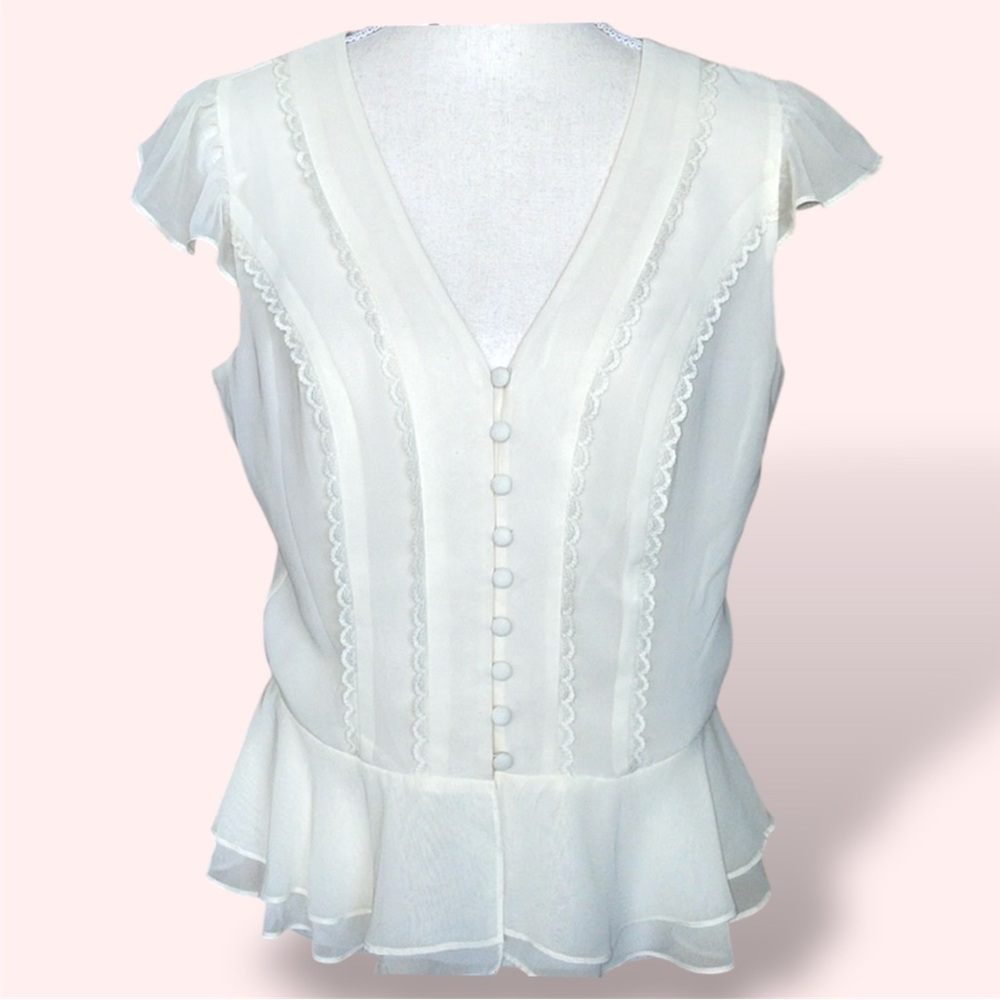 Ann Taylor Loft Ivory Lace Ruffle Detail Sheer Top Cap Sleeve Flouncy Size 6
